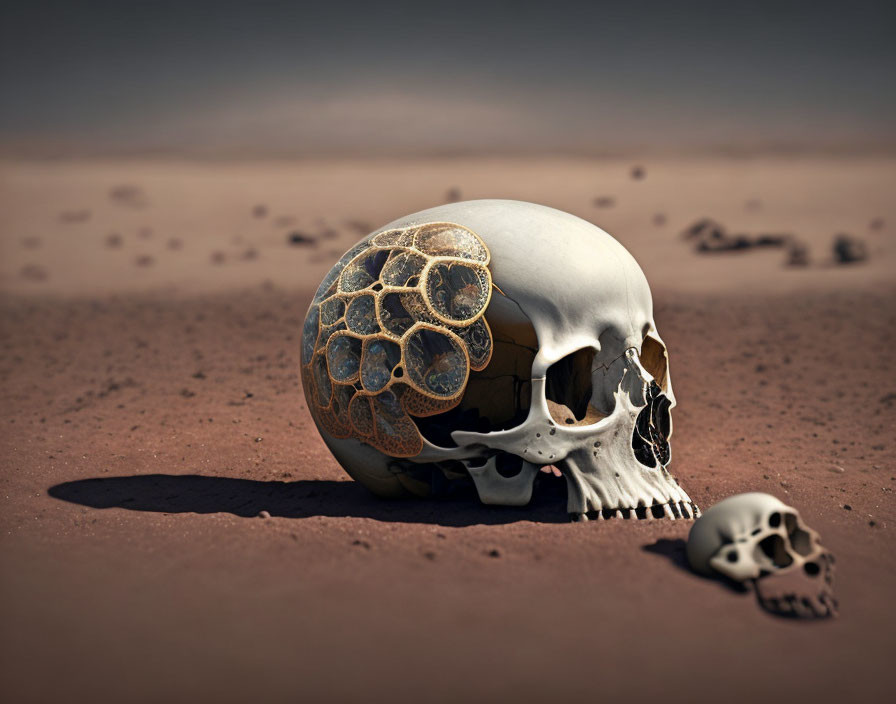 Intricately patterned human skull on arid soil with smaller skull