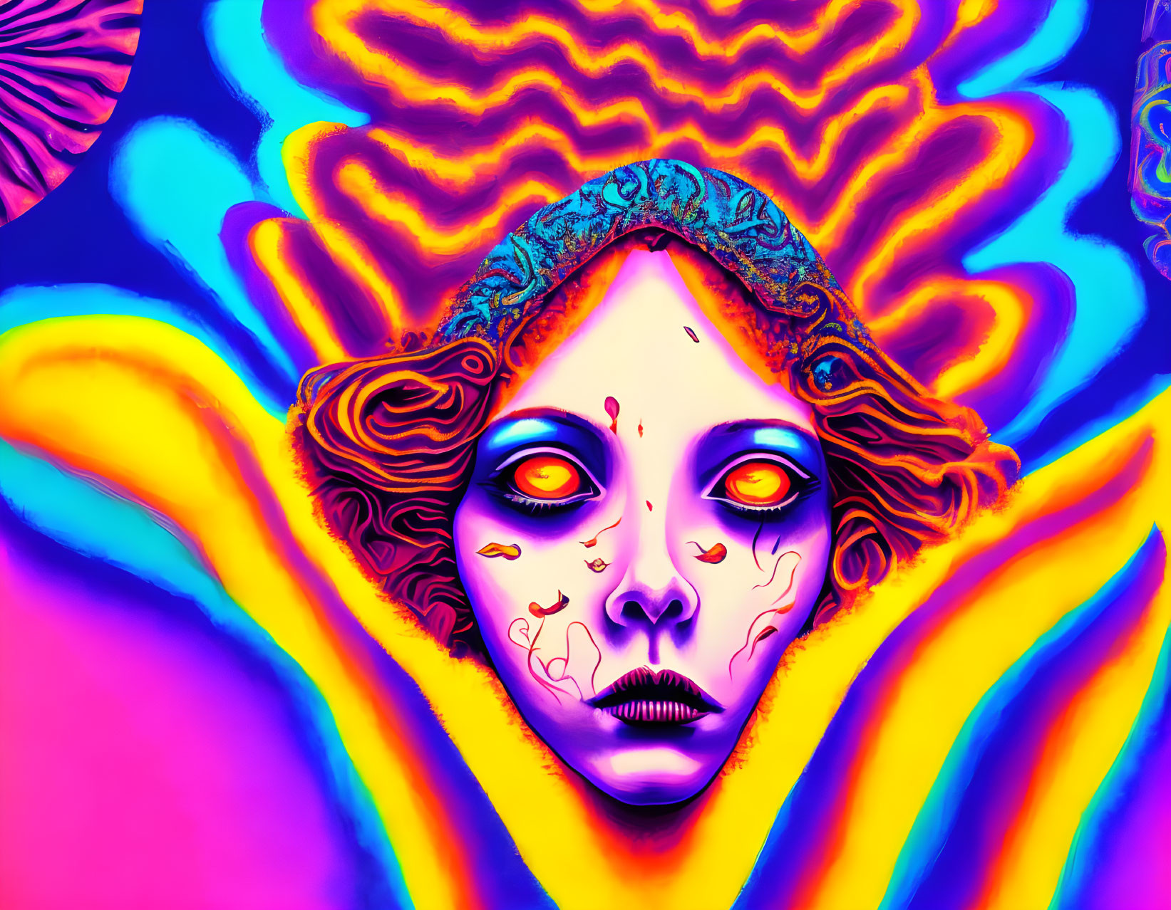 Colorful Psychedelic Face Art with Intense Eyes and Wavy Patterns