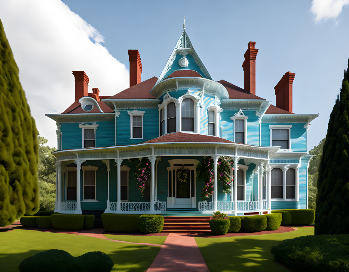 Victorian-style blue house with wraparound porch, tower, red chimney, manicured lawn, tall