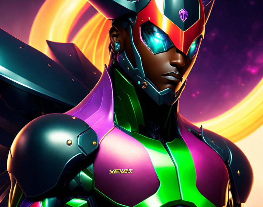 Futuristic character in metallic suit with glowing eyes on cosmic background