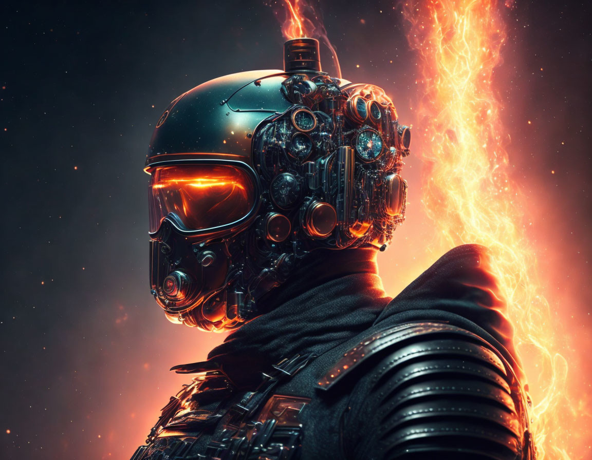 Detailed futuristic warrior in glowing orange visor and intricate machinery on fiery background.