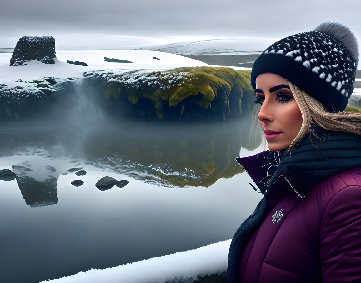 Woman in winter attire against serene icy landscape