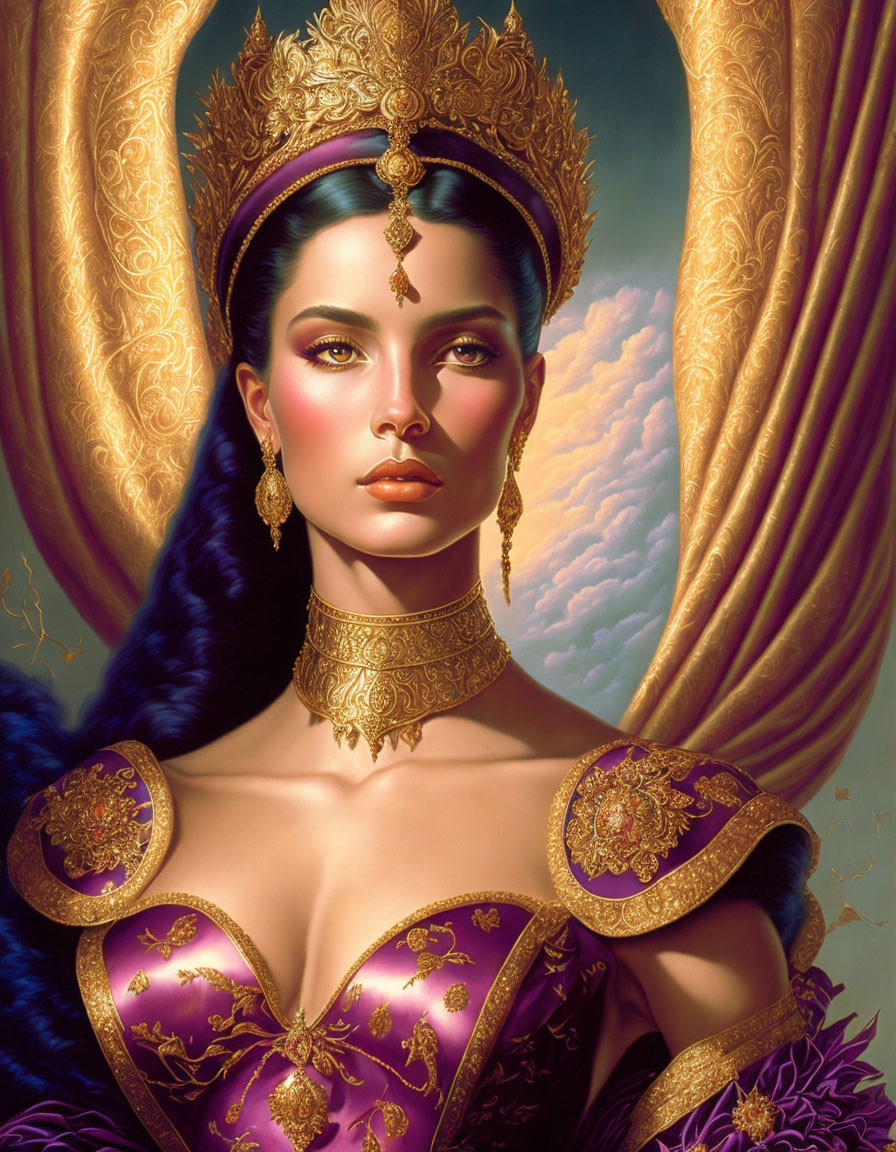 Regal woman in purple dress with golden headpiece and jewelry against drapery and clouds