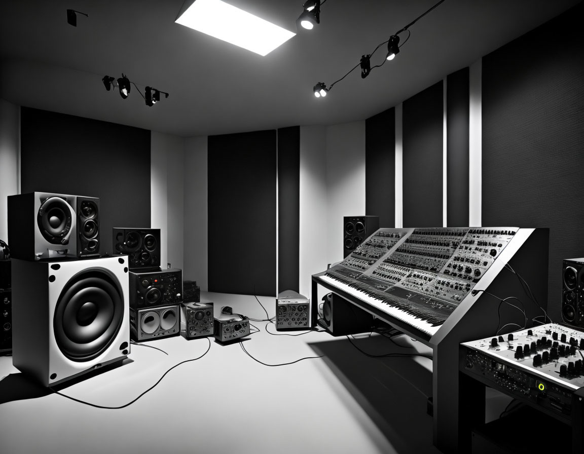 Professional music studio with mixing console, speakers, and acoustic panels in dimly lit ambiance