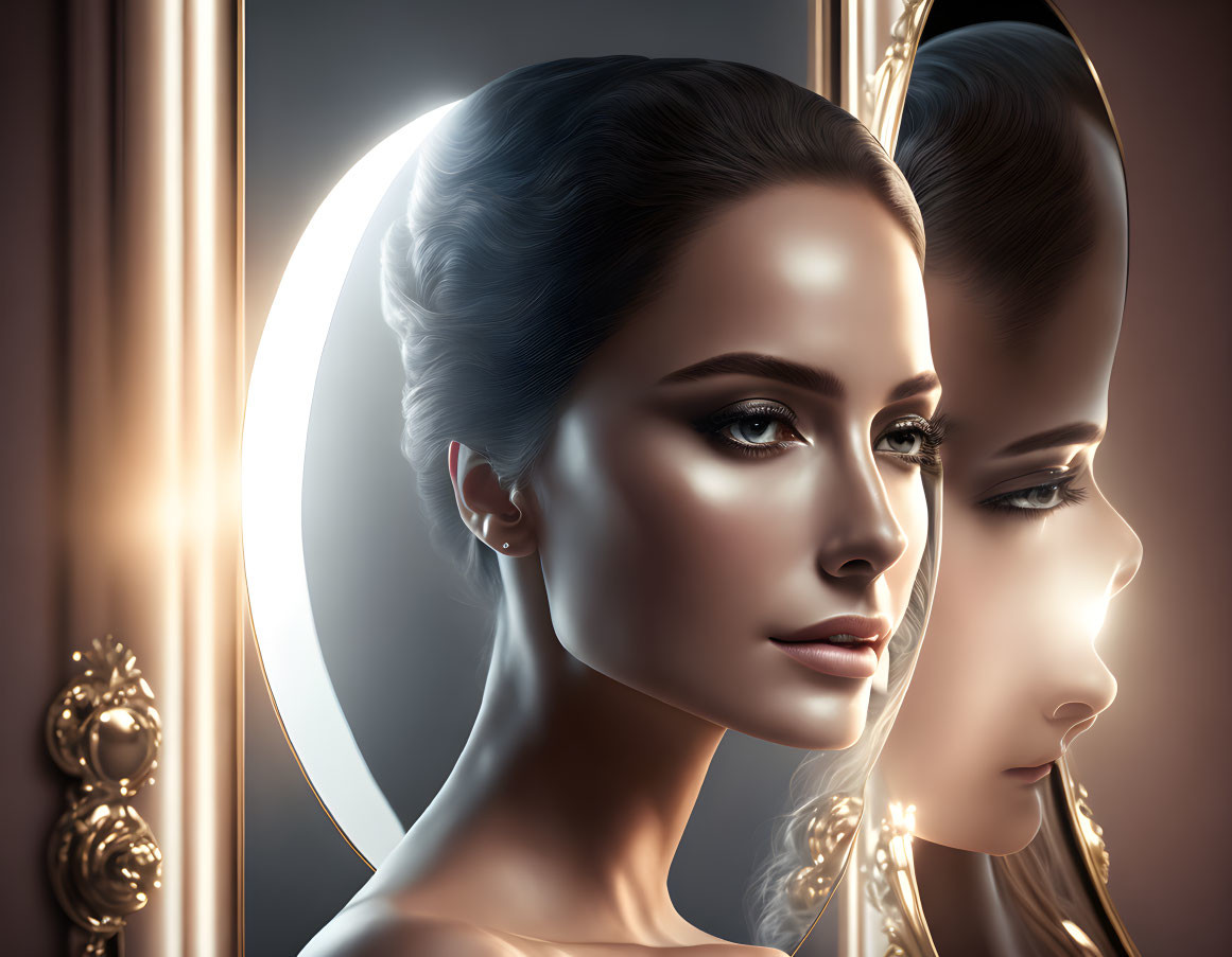 Digital artwork: Woman with stylized makeup admiring reflection in ornate mirror