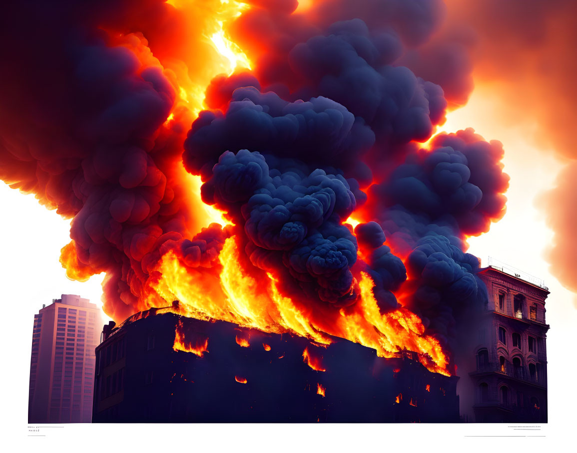 Intense flames and thick smoke engulf building in massive fire