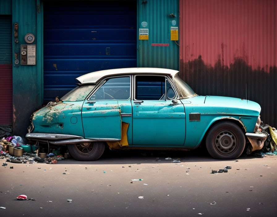 Turquoise car with rust parked in front of colorful industrial doors.