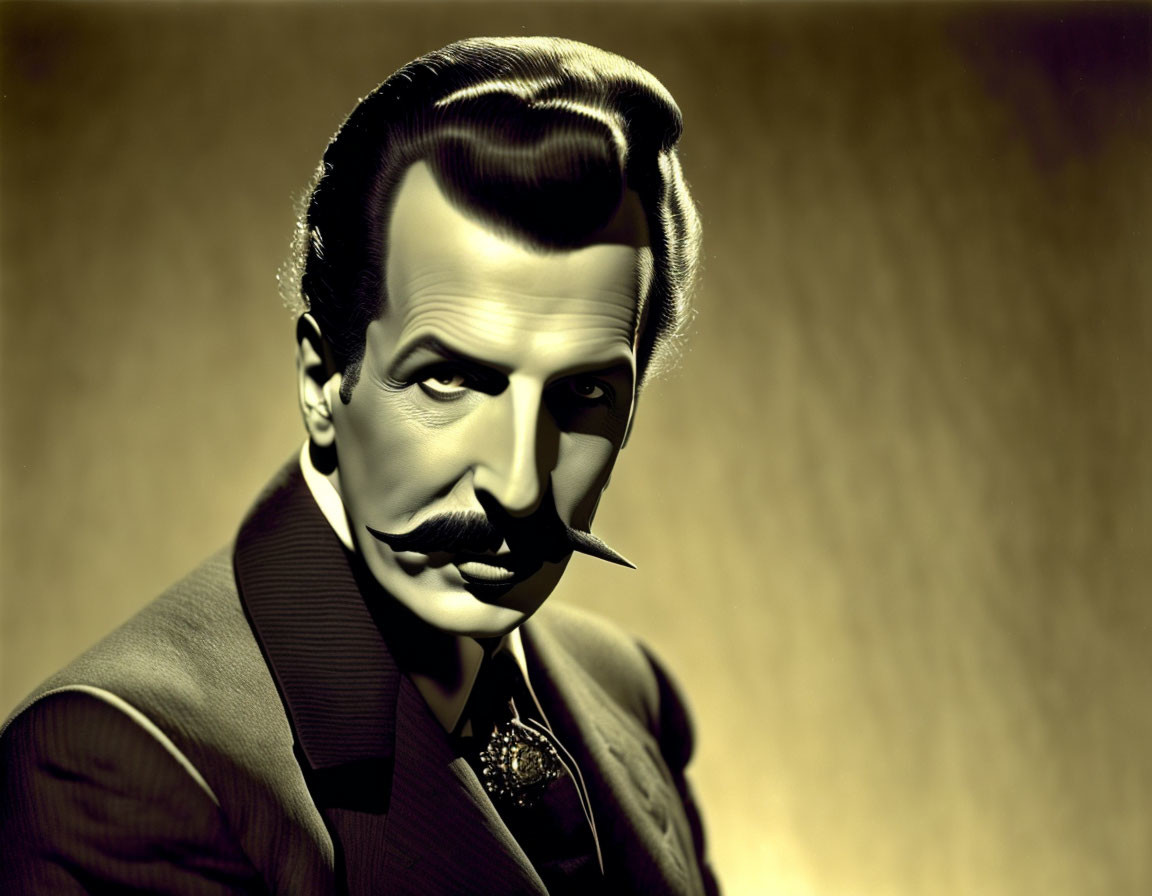 Vintage Hollywood-style monochrome portrait of a man with slicked-back hair and mustache in a suit