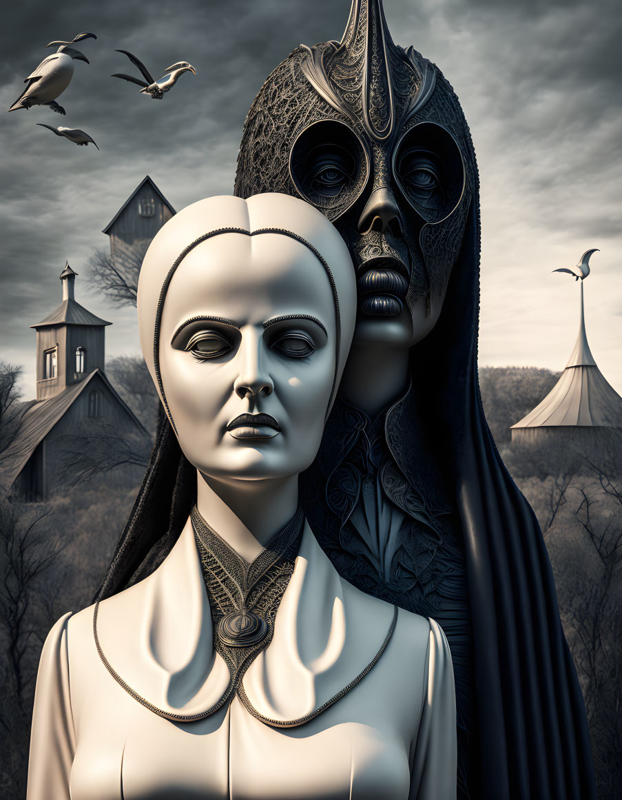 Surreal humanoid figures with ornate headdress in stark landscape