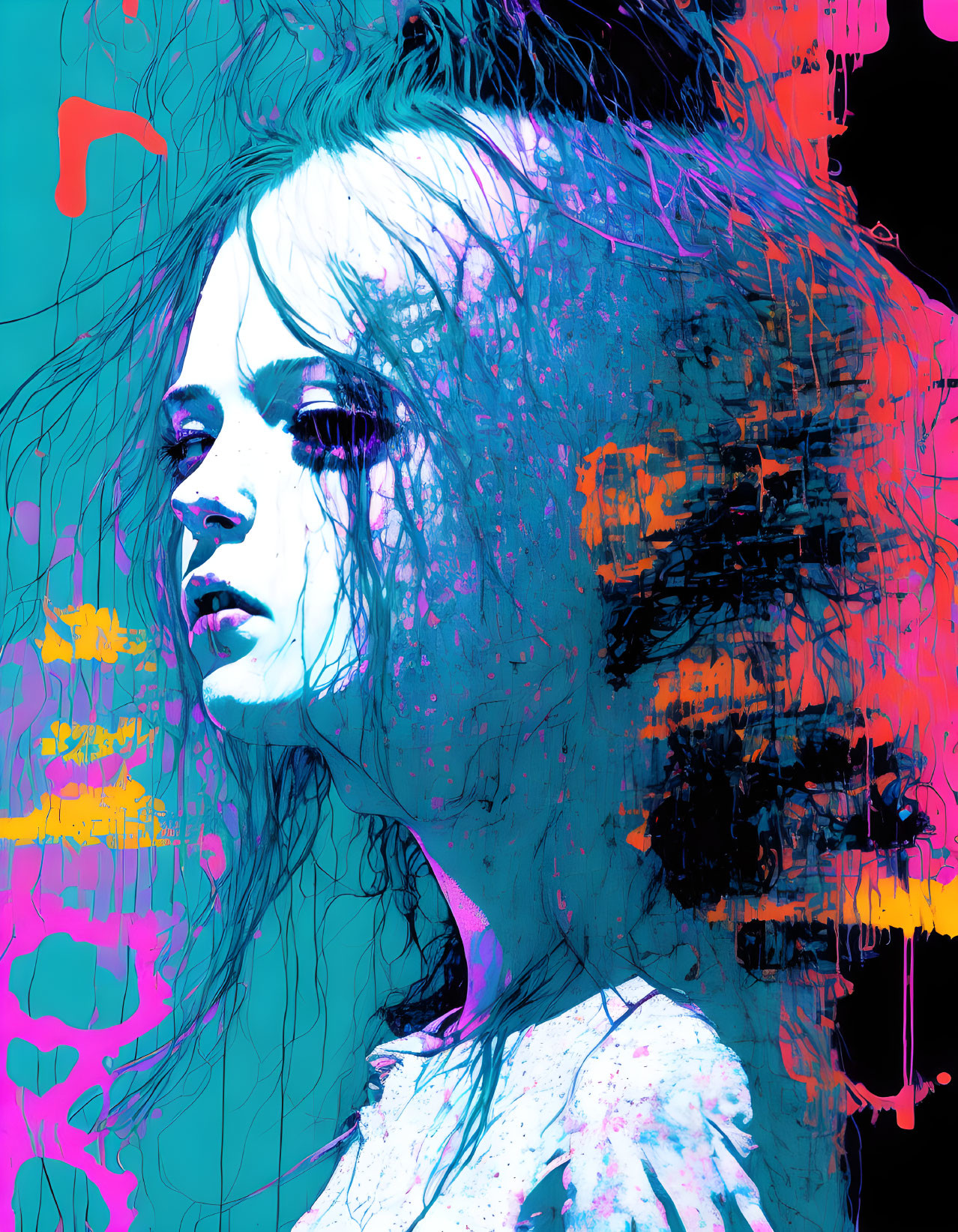 Colorful digital artwork: Woman with contemplative expression in neon blue and fuchsia.