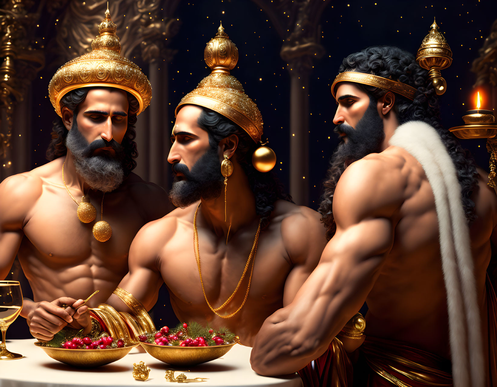 Three men in golden crowns and jewelry at a lavish feast table.