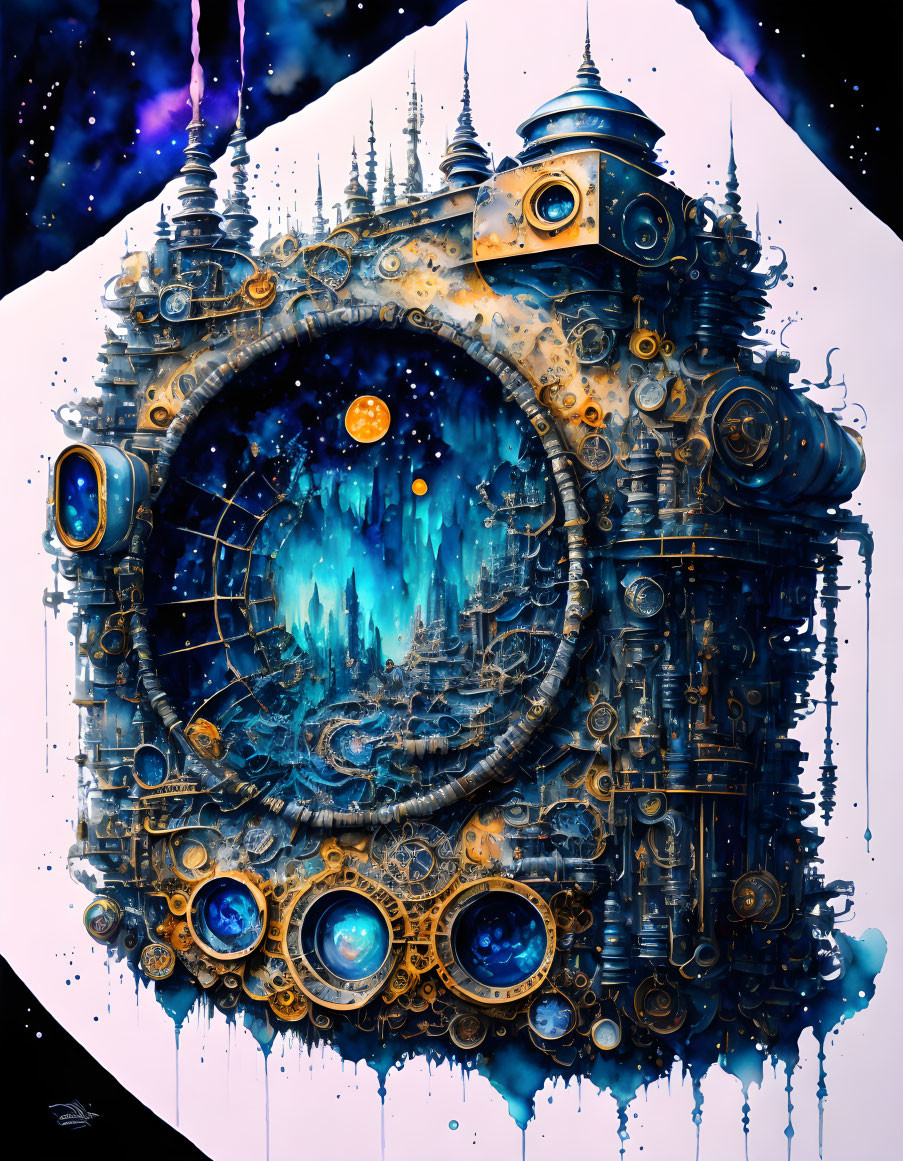 Steampunk portal with cogwheels and pipes revealing glowing fantasy landscape