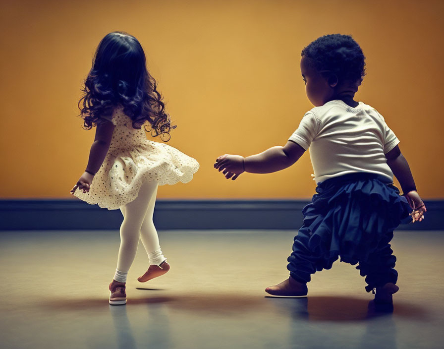 Two toddlers playing, one in a dress and the other in shorts, backlit against warm light on