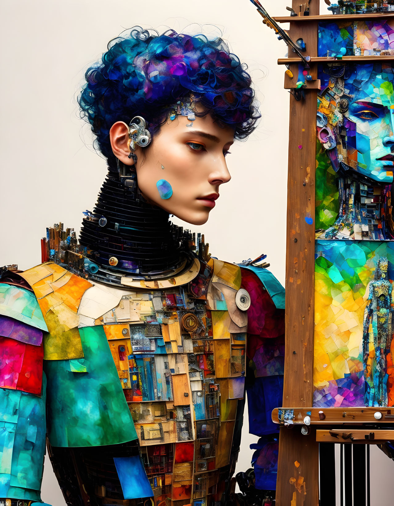 Colorful Patchwork Figure with Blue Human-like Face Beside Easel