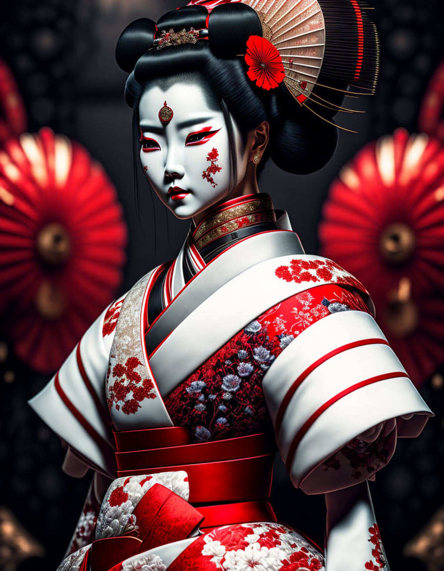 Traditional Japanese Attire Woman with Elaborate Makeup and Red Parasols