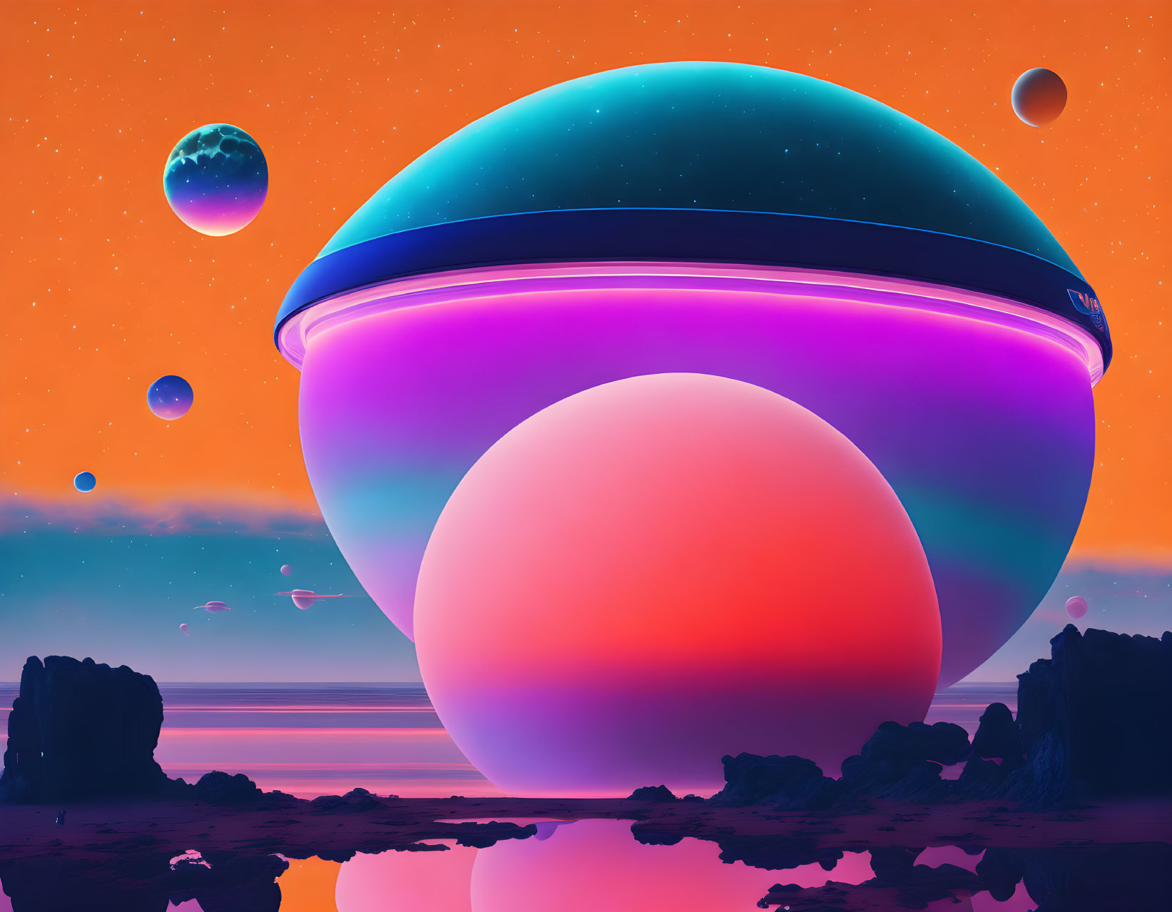 Colorful UFO over alien landscape with multiple moons