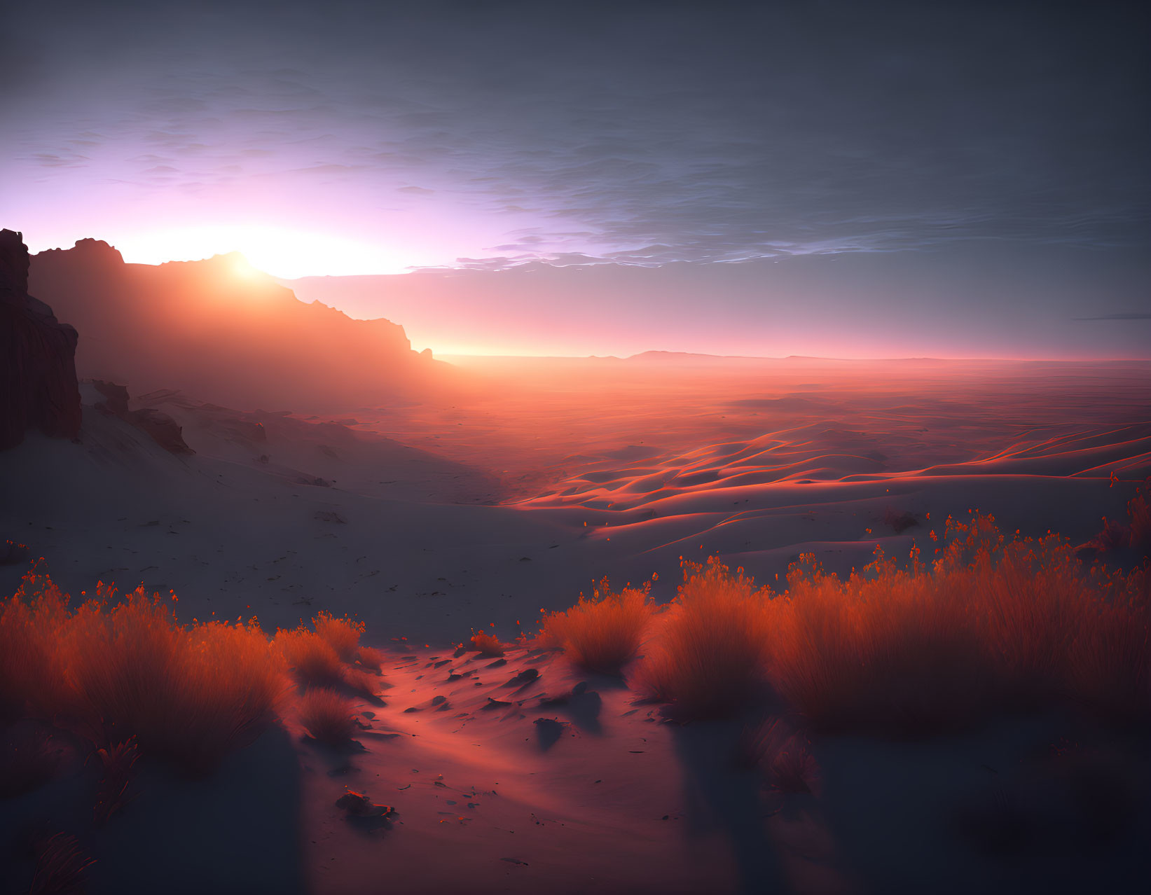 Tranquil desert sunset with warm light over dunes