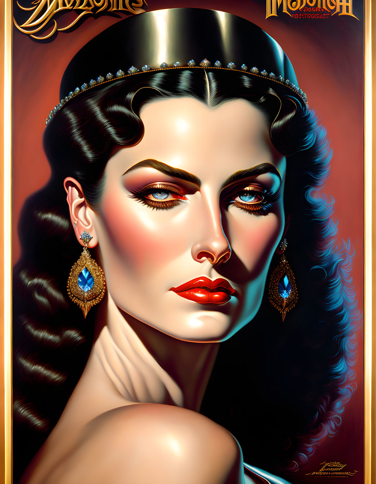 Vintage Glamor Style: Woman Illustration with Bold Makeup and Jeweled Accessories