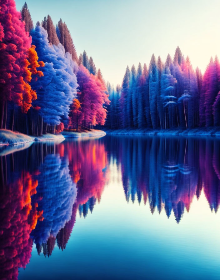 Tranquil Lake Reflecting Colorful Trees at Twilight