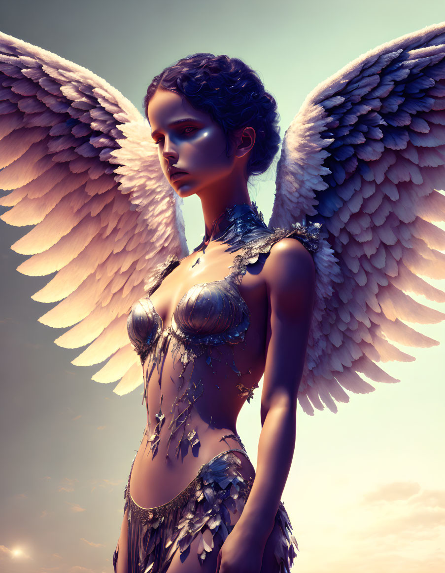 Humanoid Figure with White Wings and Metallic Armor in Dusky Sky