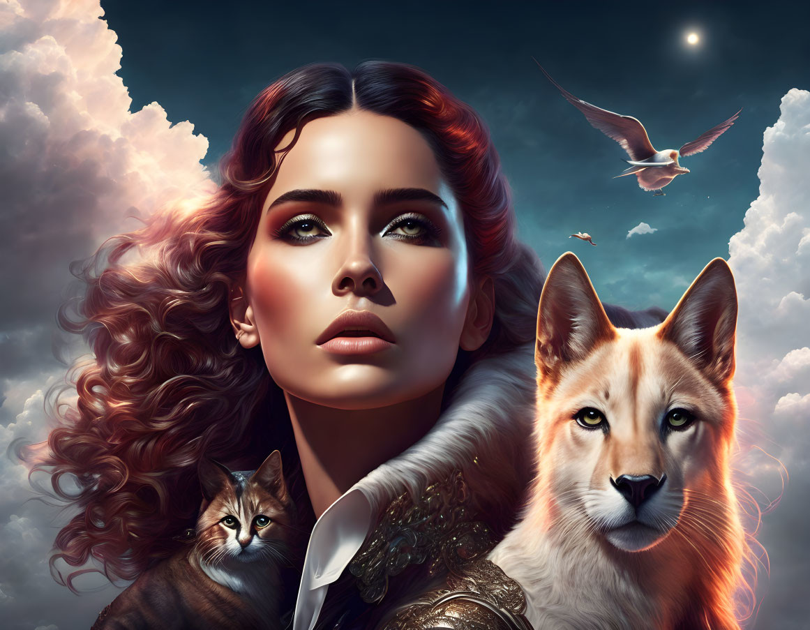 Detailed digital artwork: woman with wavy hair, cat, and fox under twilight sky