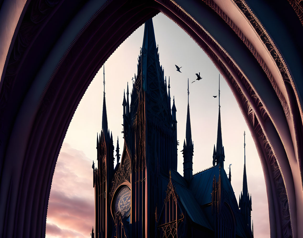 Gothic Cathedral Silhouetted at Twilight with Ornate Arches and Birds