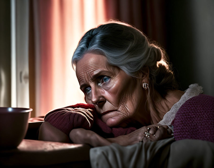 Grey-Haired Elderly Woman Looking Out Window with Bowl and Warm Lighting