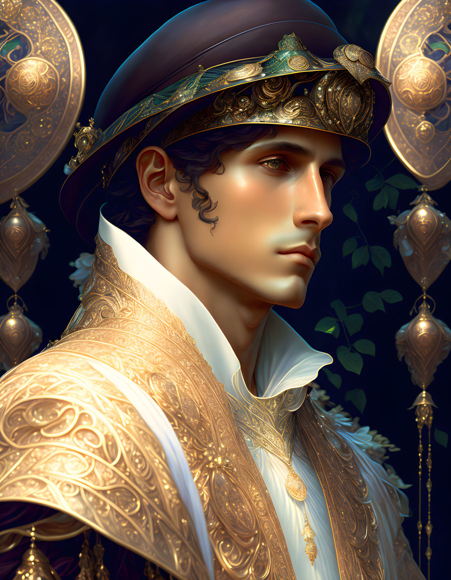 Intricate Golden Embroidery on Nobleman's Attire and Jeweled Cap