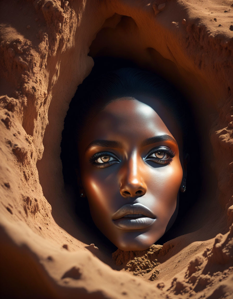 Woman looking up through hole in sandy terrain with striking eyes and shadows.