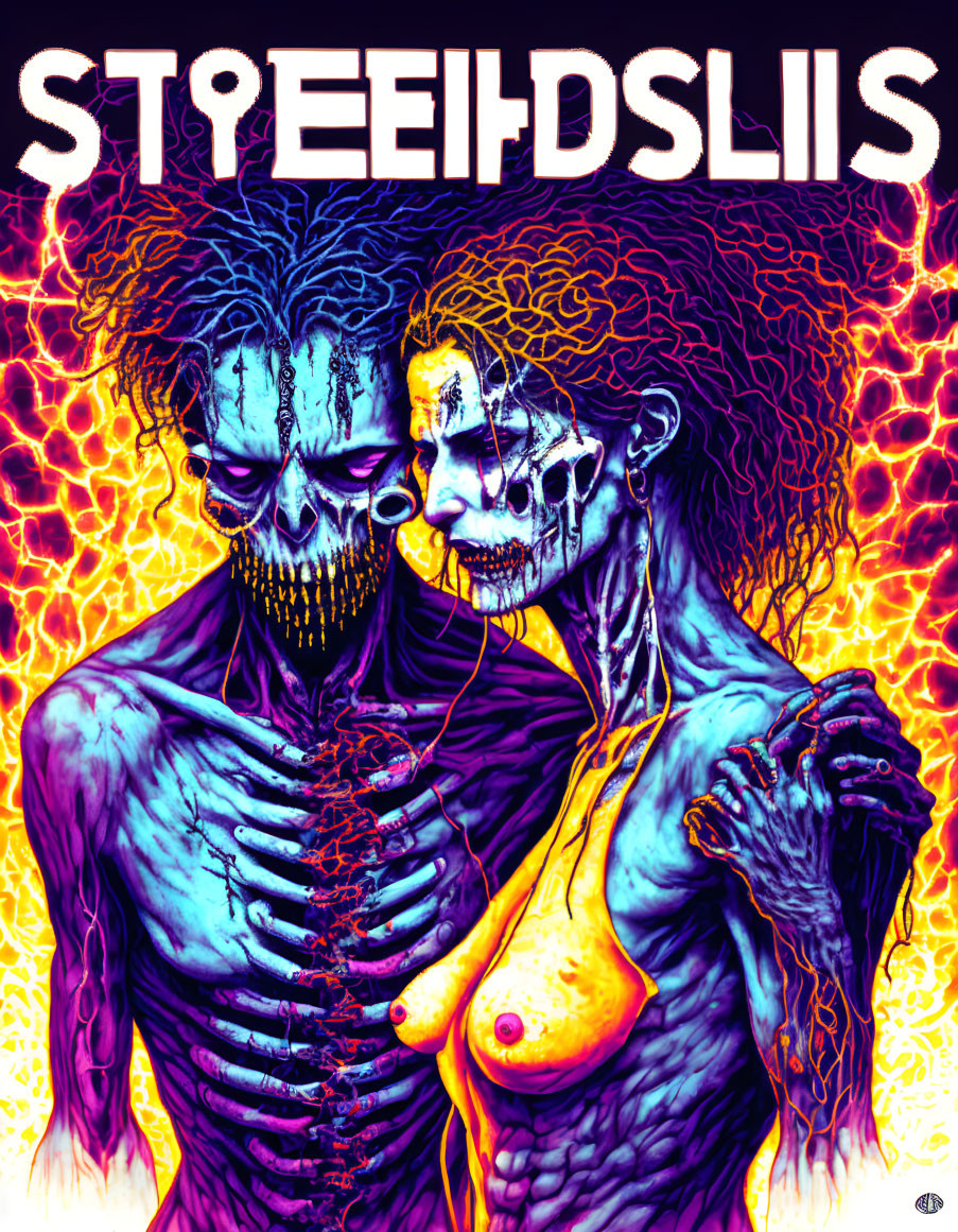 Colorful Stylized Skeleton Figures Embracing on Fiery Background