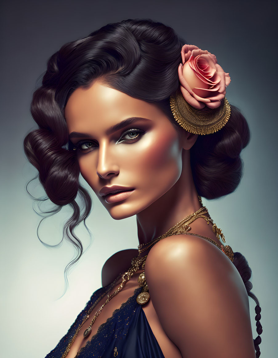 Digital artwork: Woman with wavy hair, rose, gold jewelry, intense makeup, dark blue outfit