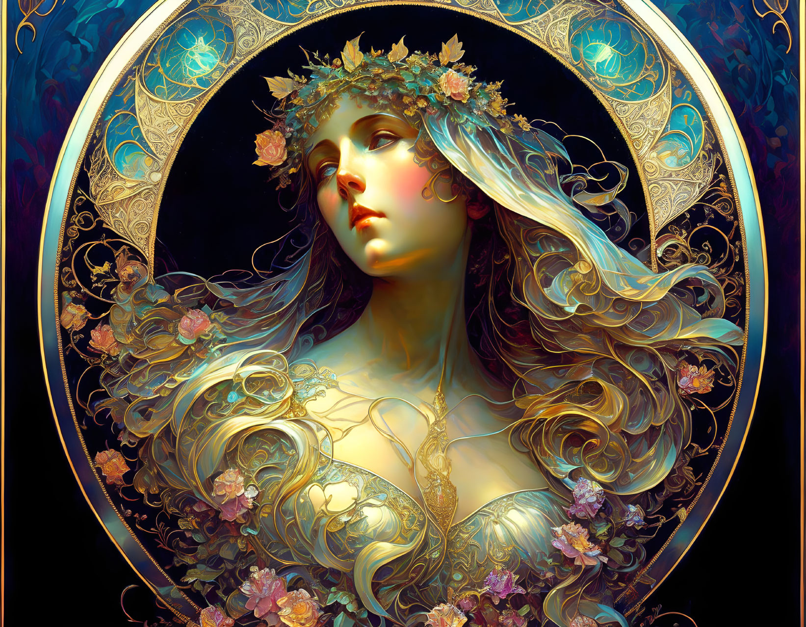 Ethereal woman with floral crown and gold jewelry in ornate circular frame