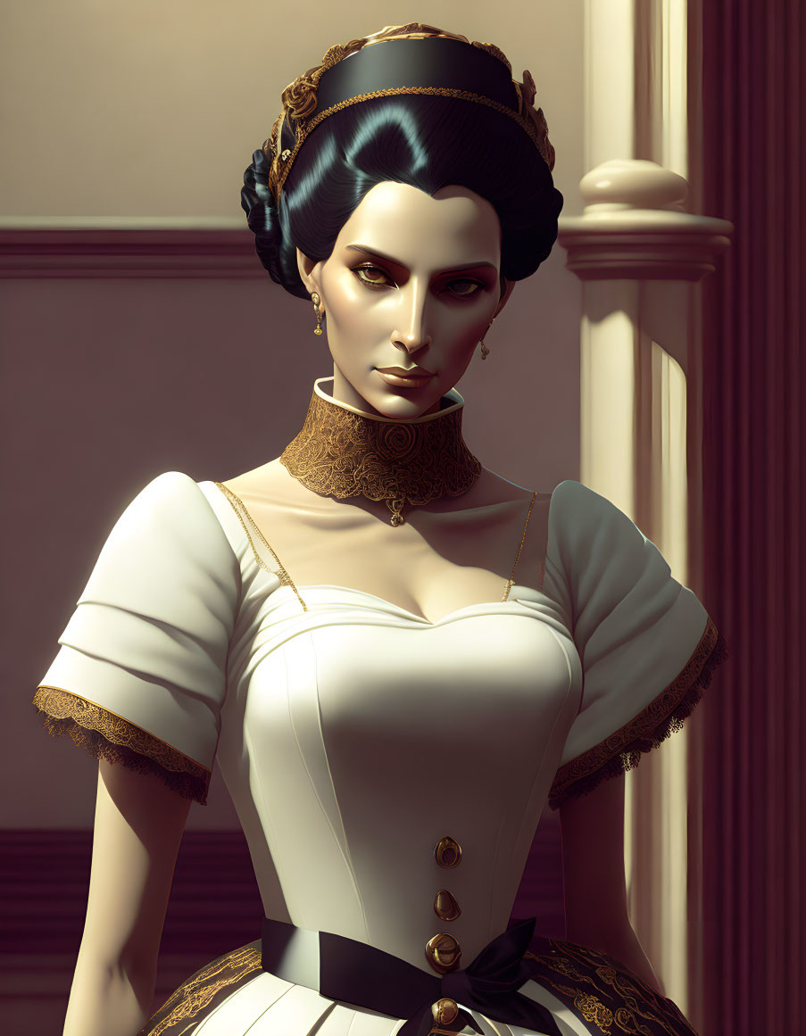 Victorian-style 3D-rendered woman in white corset dress with high collar