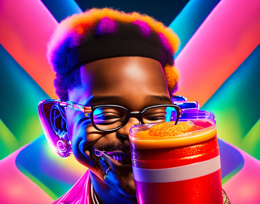 Vibrant portrait of person with glasses, headphones, afro, cocktail glass, neon background