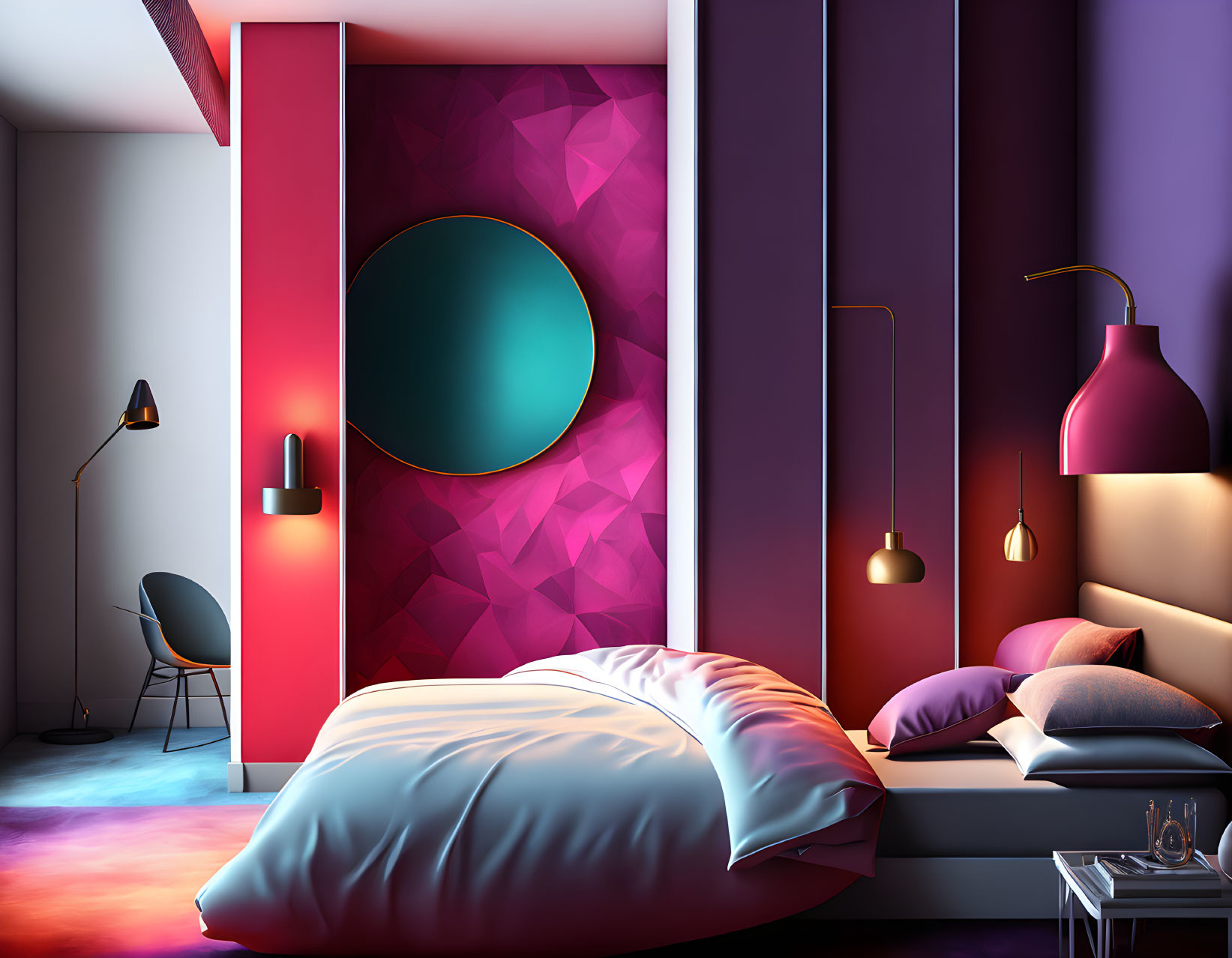 Vibrant Purple and Red Geometric Bedroom Design