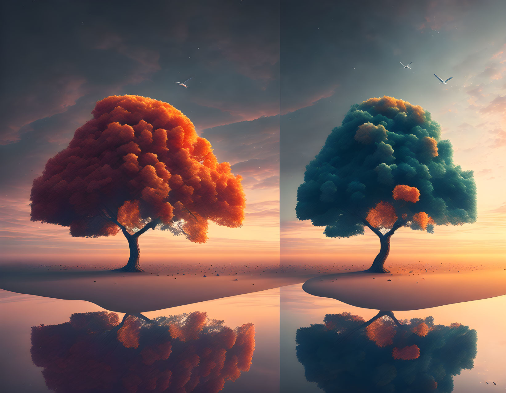 Seasonal Change Depicted in Split-Image of Tree with Autumn and Summer Colors