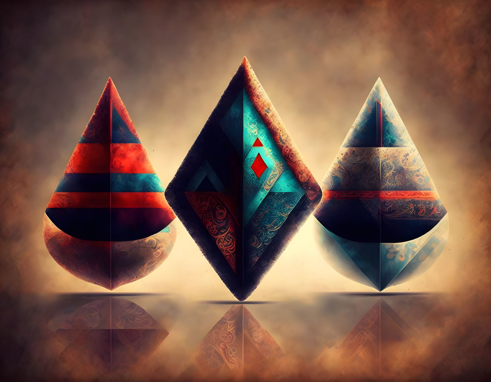 Geometric shapes with reflections on warm misty background