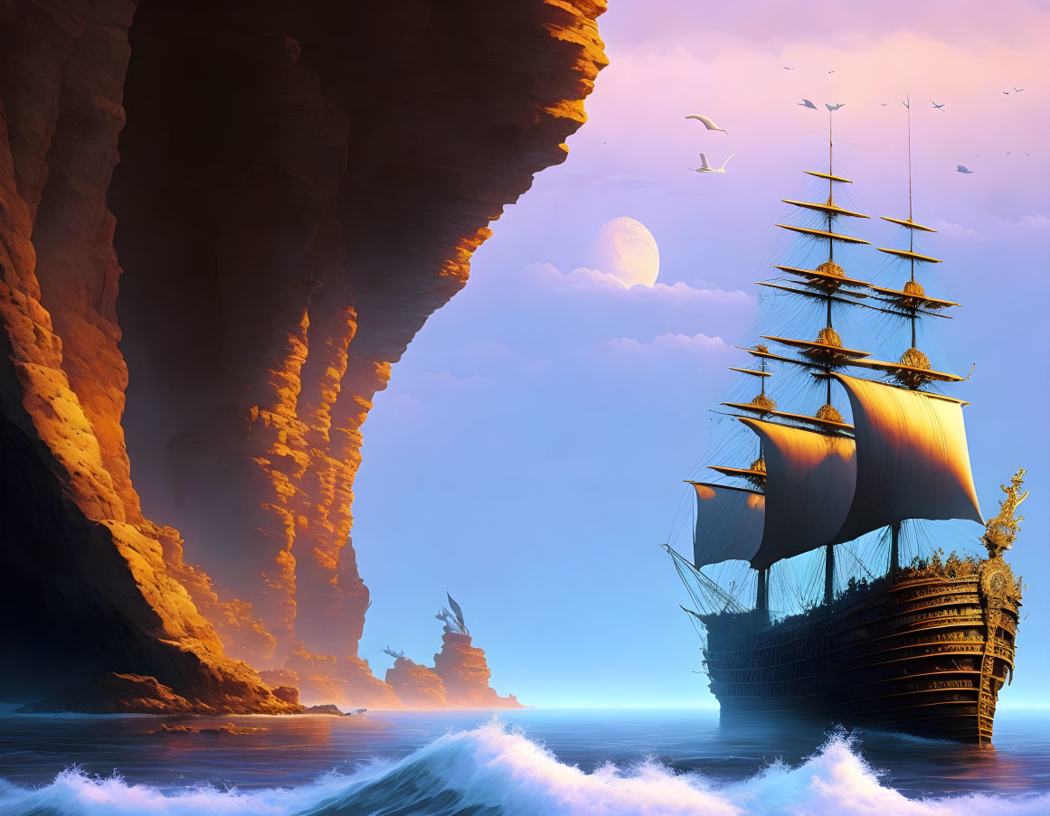 Sailing ship in turbulent seas near cliffs under golden sky