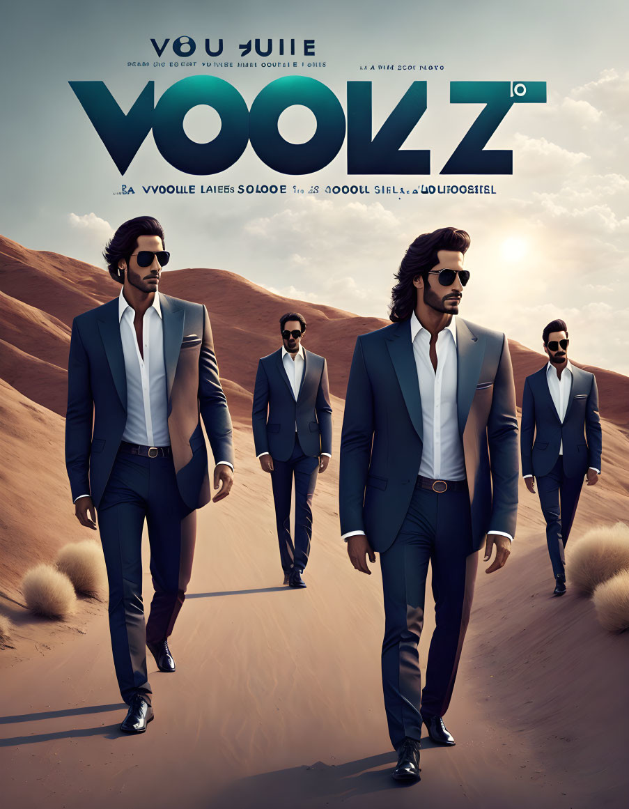 Four men in suits walking in desert with large glasses in background