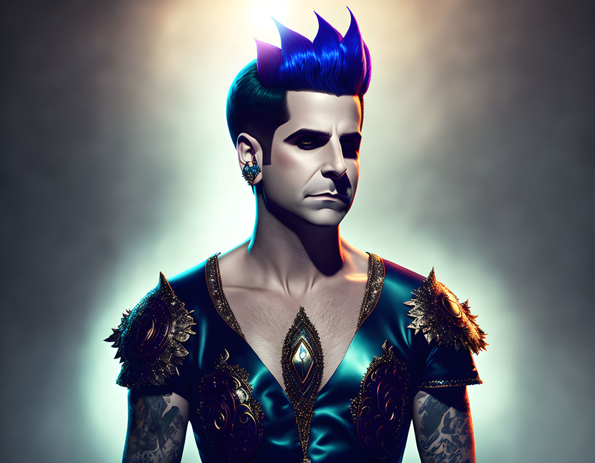 Man with Blue Mohawk & Elaborate Shoulder Pads in Digital Portrait