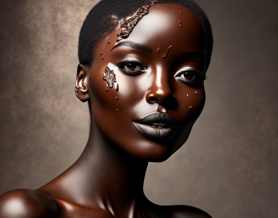 Portrait of woman with dark skin and metallic embellishments on brown background