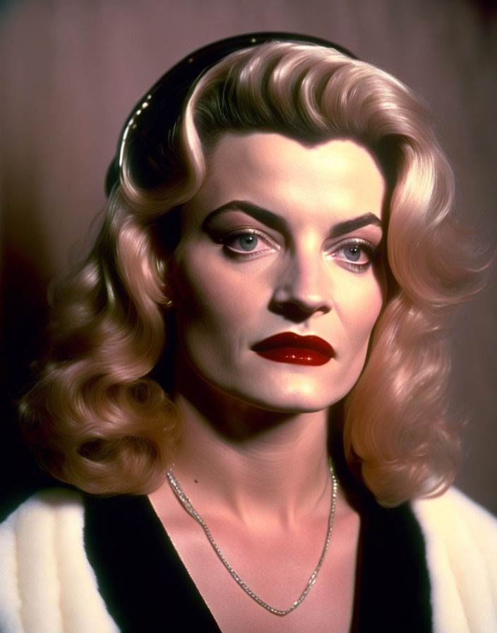 Vintage Portrait of Woman with Wavy Blonde Hair and Red Lipstick