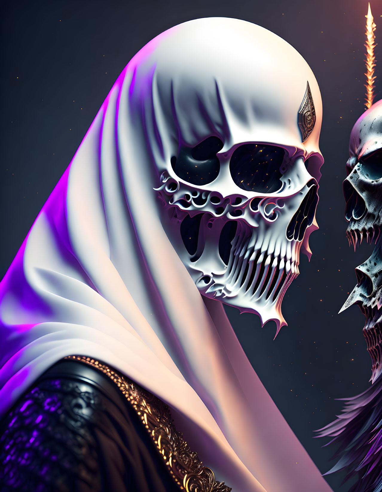 Skull-themed digital artwork with cosmic backdrop