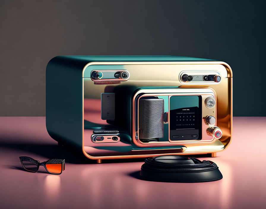 Vibrant teal and gold retro-futuristic radio with headphones and sunglasses on pink backdrop