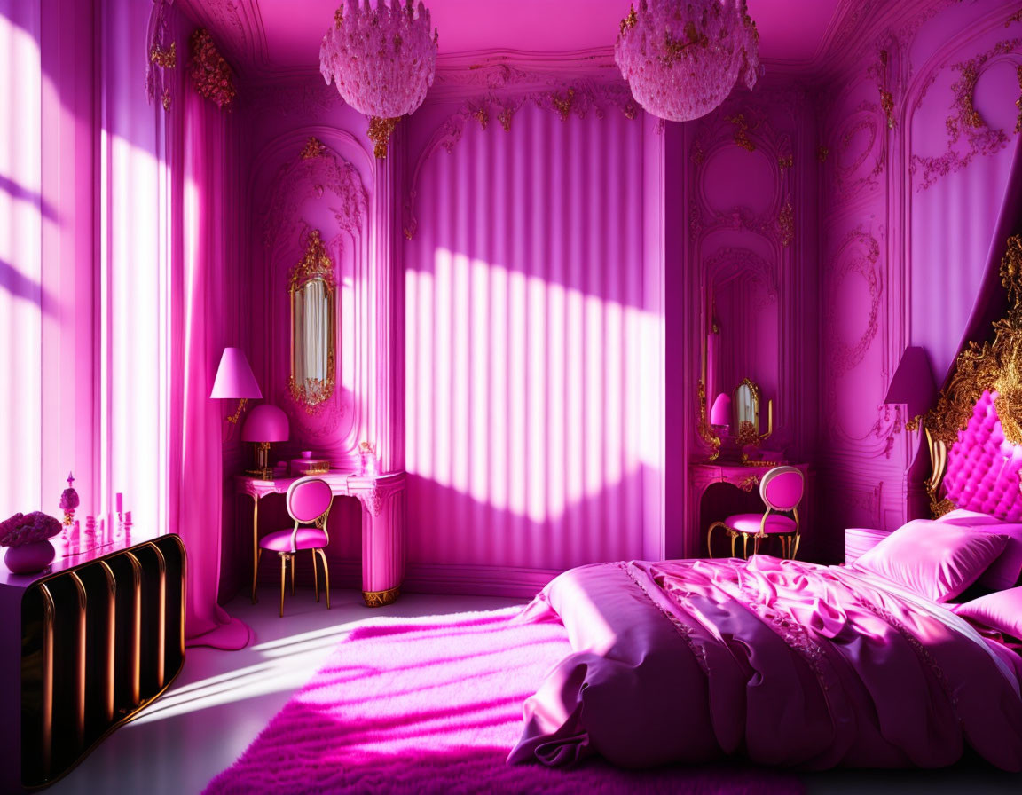 Luxurious Pink Bedroom with Ornate Decor and Geometric Shadows