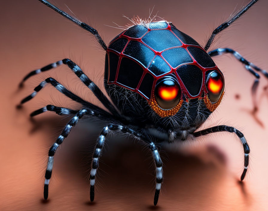 Robotic spider with black and red segmented body and glowing orange eyes