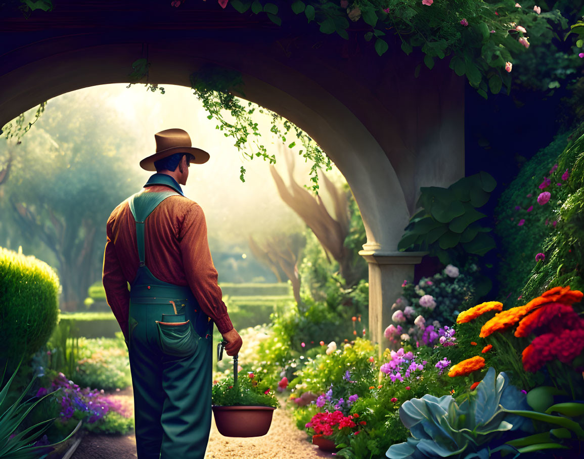 Gardener in hat and suspenders admires lush garden under stone passageway.