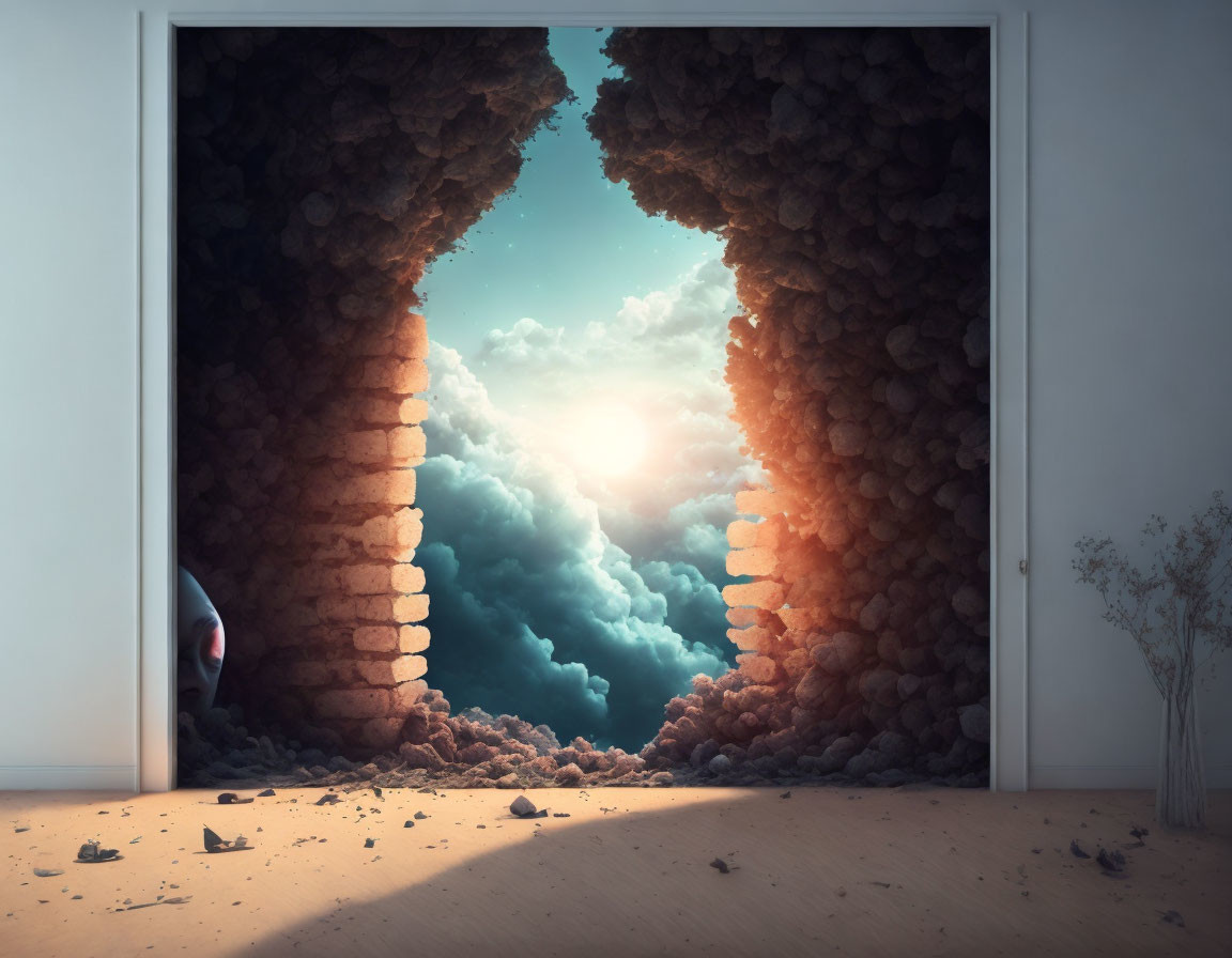 Surreal open doorway with rocky passage and bright sky