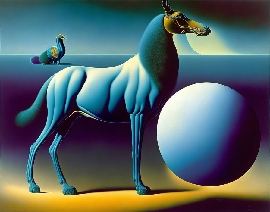 Surreal painting: horse with elongated legs, sphere, bird on back