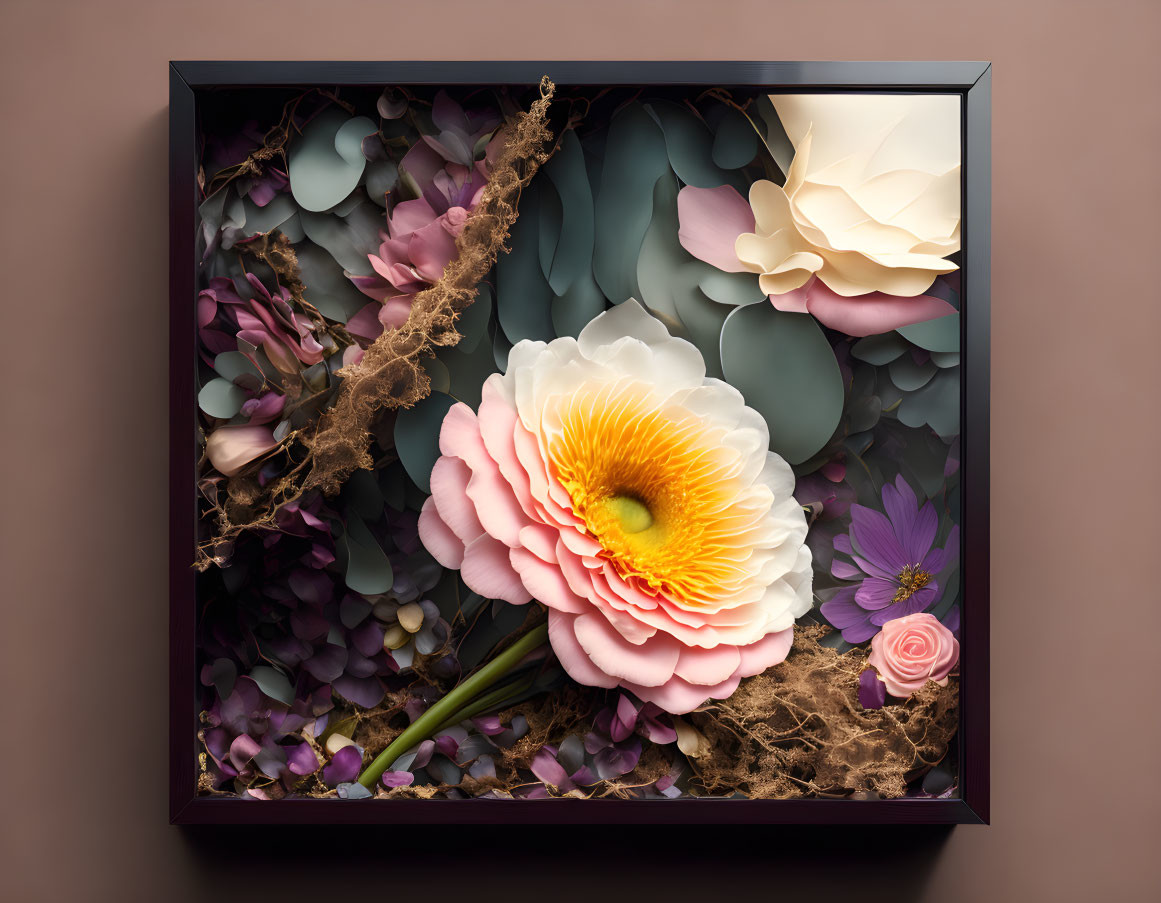 Layered Paper Flowers Art Piece in Pink, White, and Purple